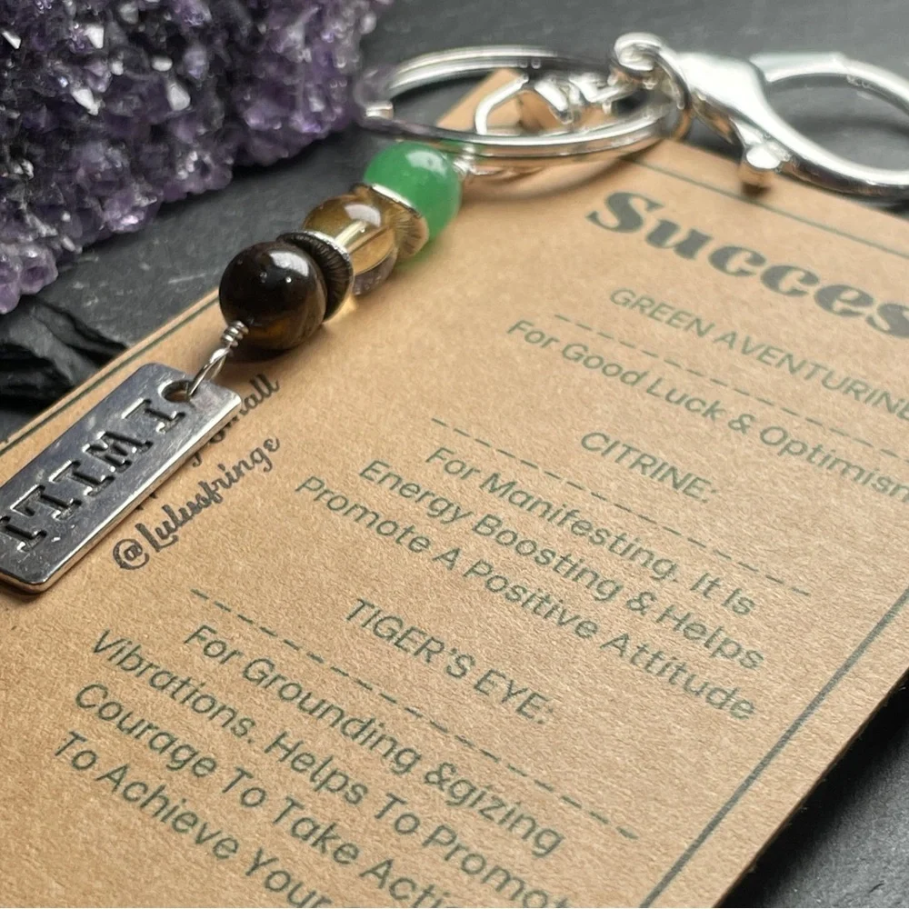Success Crystal Guide Card And Green Aventurine Citrine And Tigers Eye Keychain